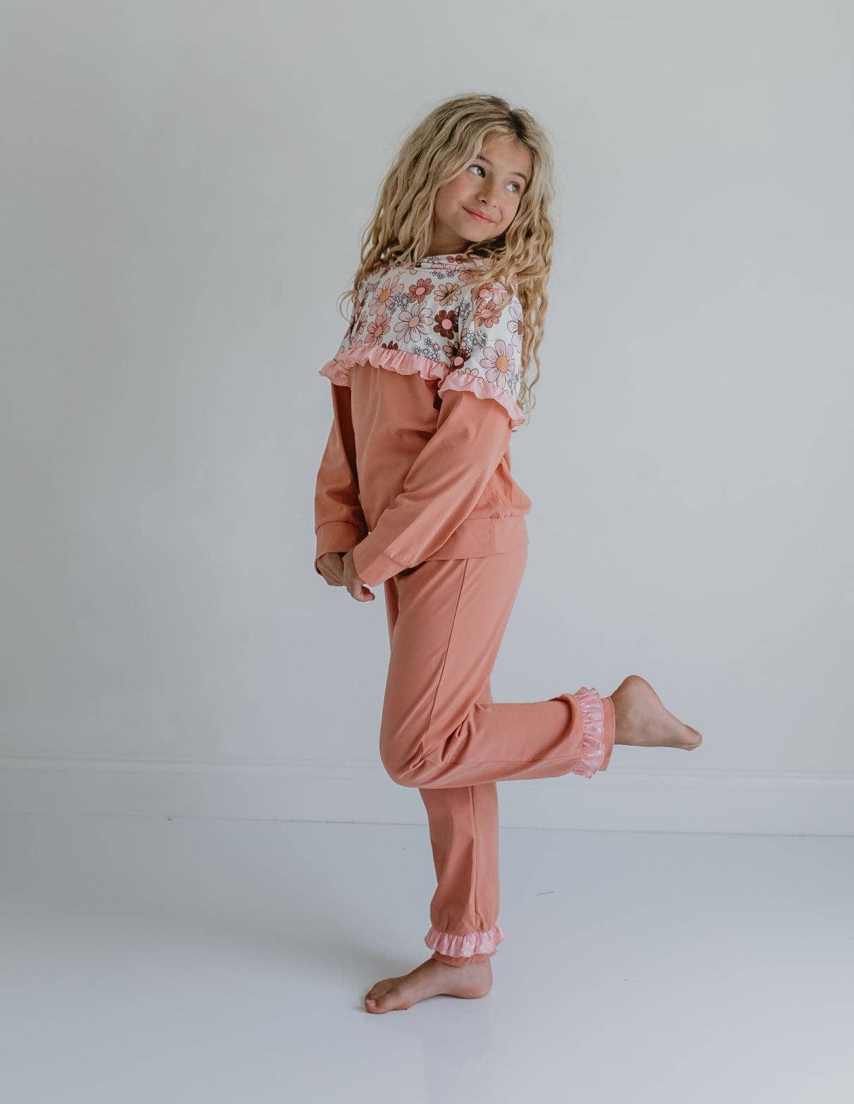 Tan Retro Flower Ruffle Hoodie Set