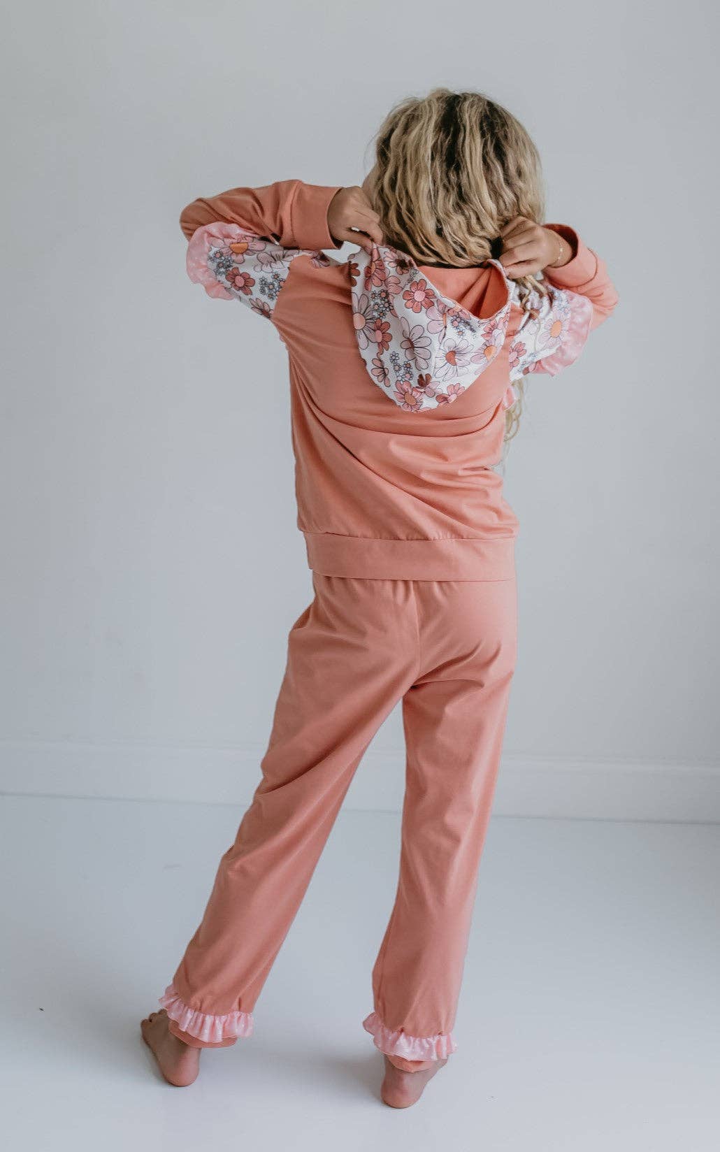 Tan Retro Flower Ruffle Hoodie Set