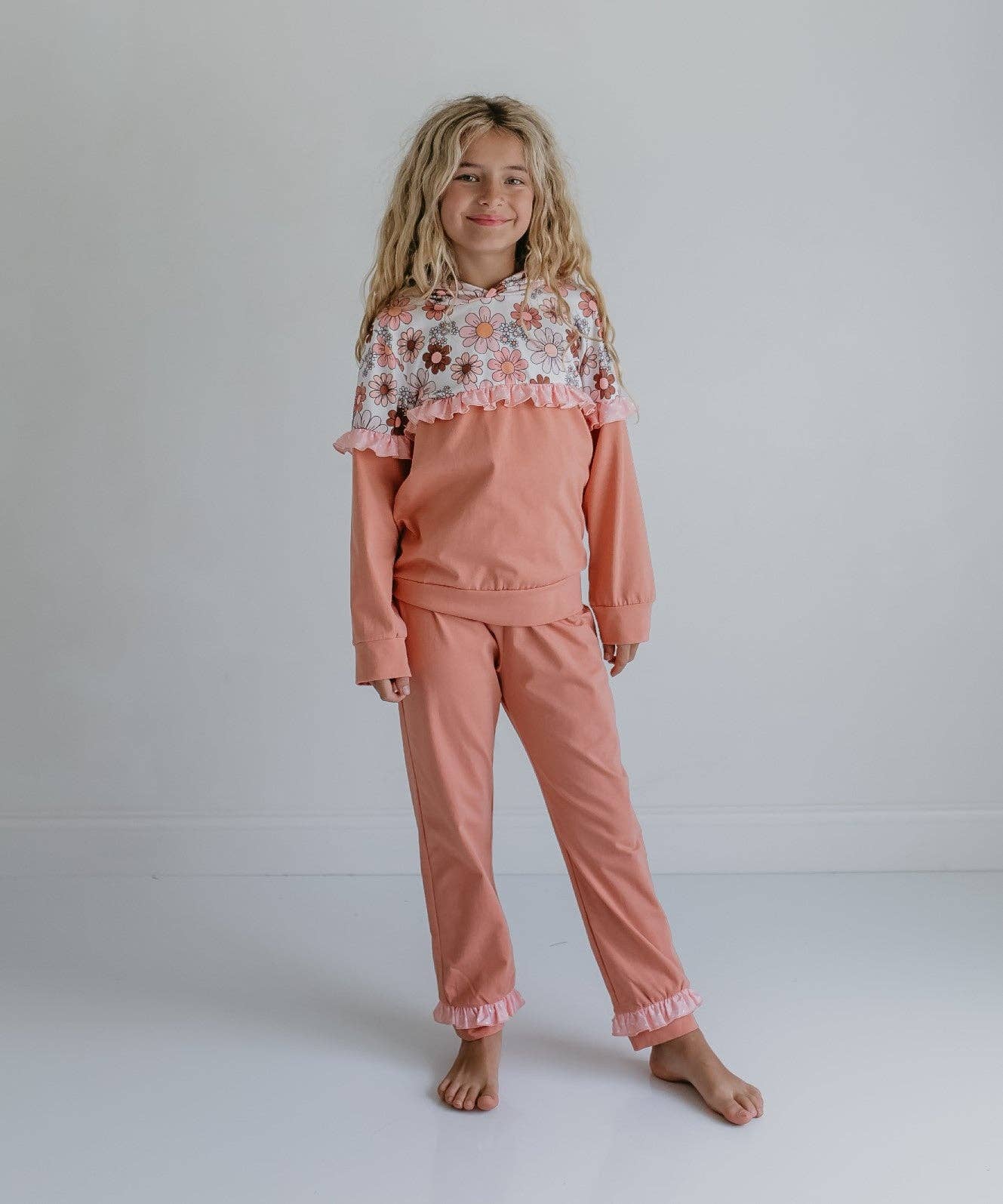 Tan Retro Flower Ruffle Hoodie Set
