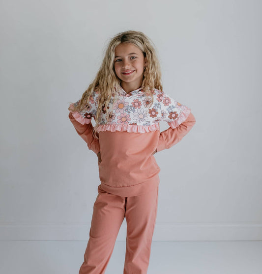 Tan Retro Flower Ruffle Hoodie Set